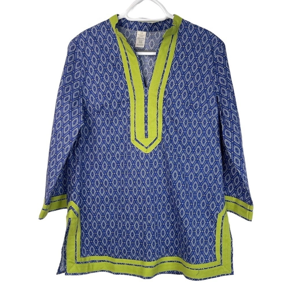 Womens Blue Yellow Cotton V-Neck Split Hem Tunic Size Medium Bohemian Printed